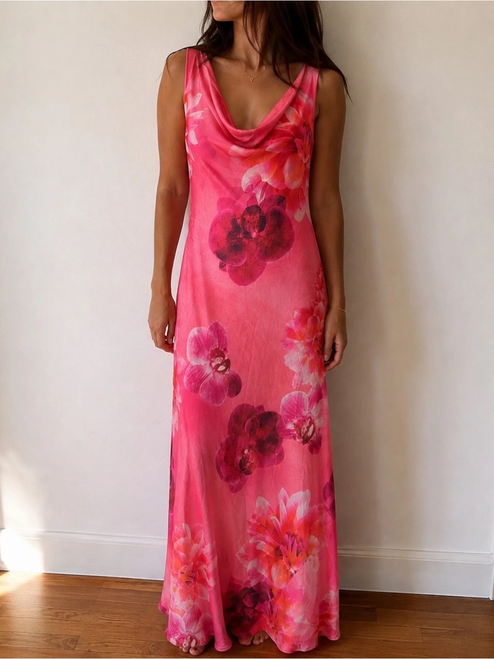 NWT pink Paper Heart Pink Orchid Floral Cowl Neck Maxi Dress